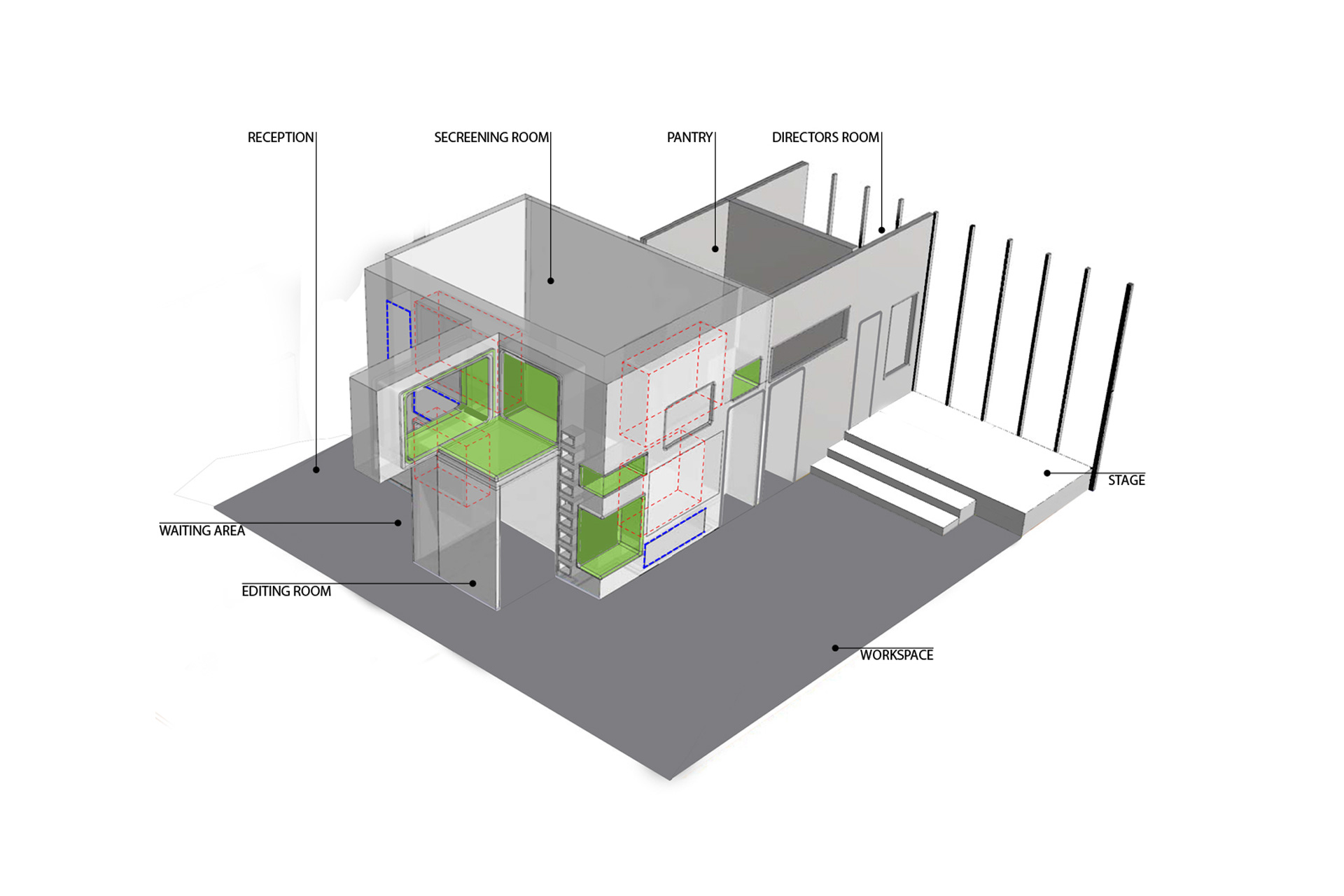 Axonometric view of the office space.