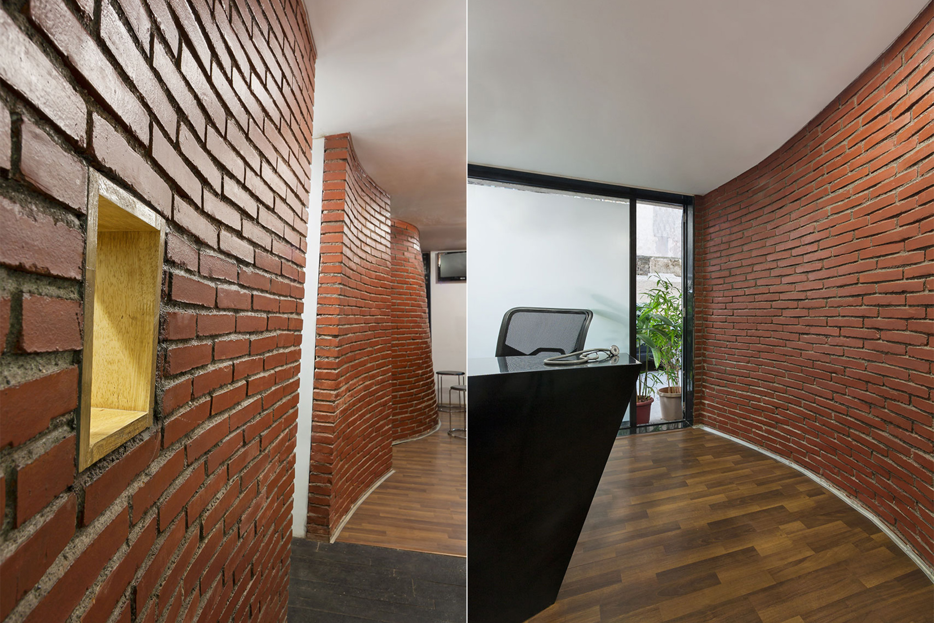 The doubly curved wire-cut brick walls were conceived to break the linearity of the space. The double curve allowed more space on either side of the wall as the functions demanded. The curvature is further accentuated with the false ceiling getting offset from the brick wall.