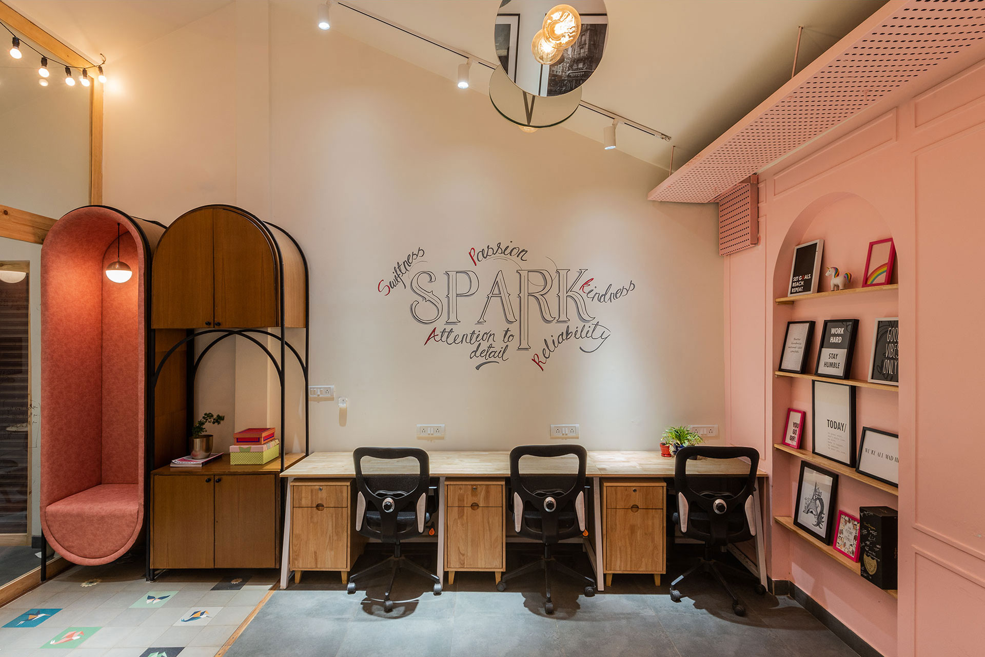 The pastel pink interiors are a reflection of the brand’s classic pink and white brand’s identity. Since the employees spend more time here than at their homes on any given day, creating cozy and comfortable workspace for the employees was one of the main design intent.